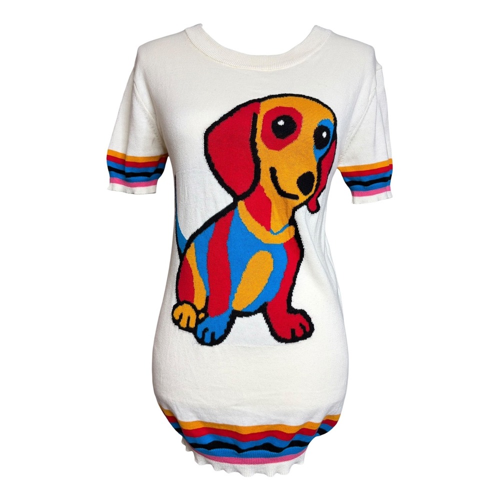 OXKNIT Dachshund Dog Sweater Womens M Ivory Retro Mod Striped Cotton Knit